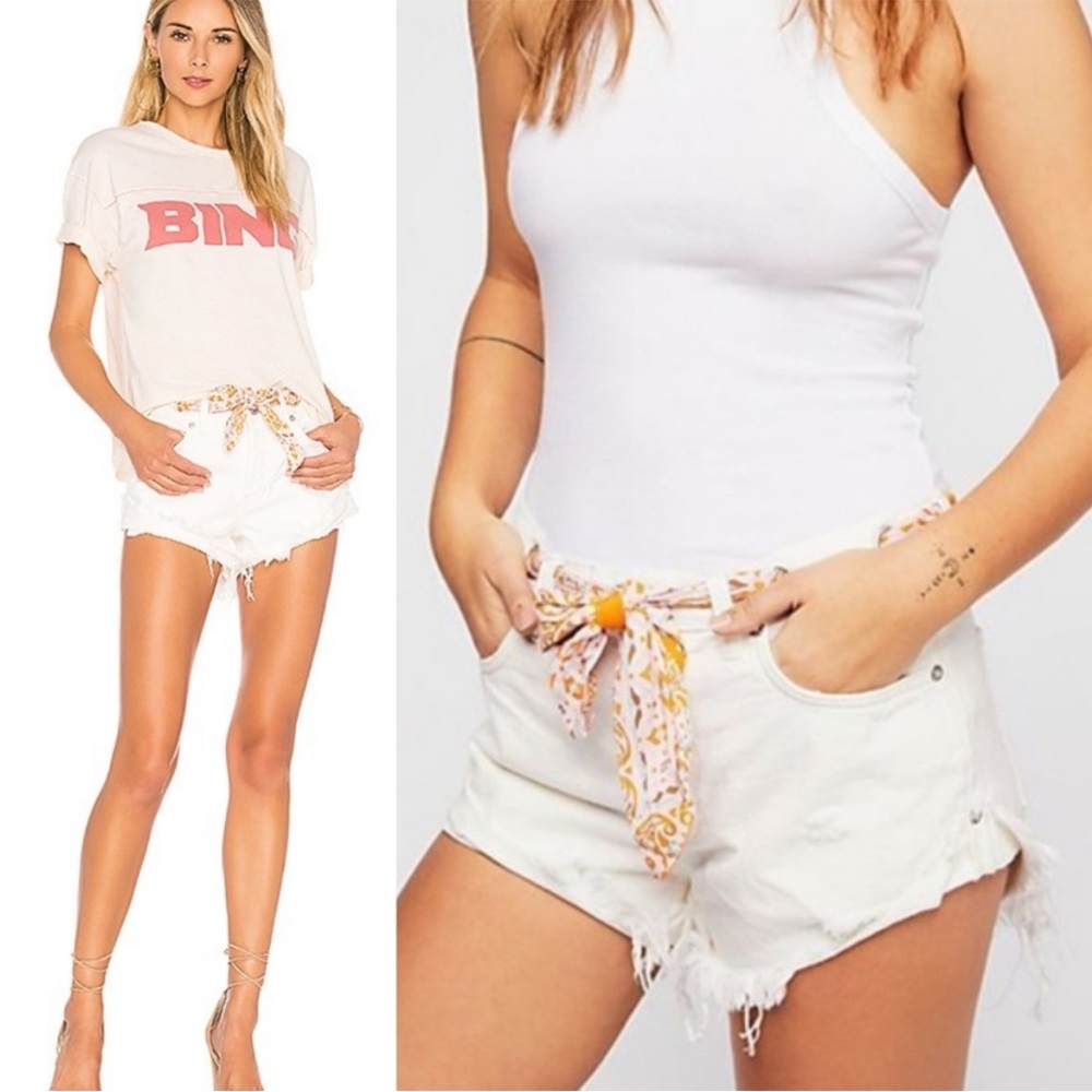 Free People Sashed & Relaxed White Denim Distressed Frayed Cuffed Button Shorts